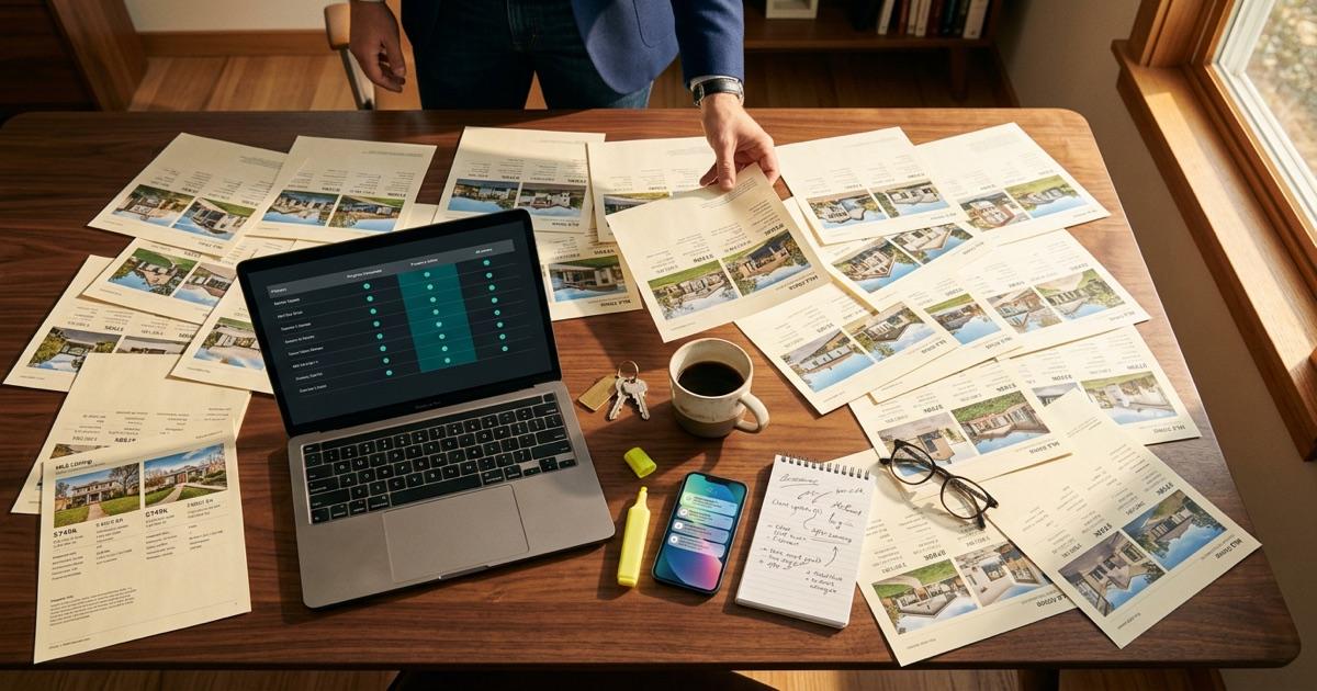 Real estate agent's desk on a Friday afternoon with 30 MLS listing printouts fanned across the wood surface, laptop showing a property comparison table, keys, coffee, and a phone full of notifications