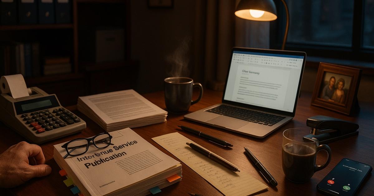 Accountant's desk during tax season — a thick printed IRS publication with color-tabbed sticky notes, a 10-key calculator, a laptop open to a client summary document, a warm mug of coffee, and a phone with the screen lit up showing an incoming call