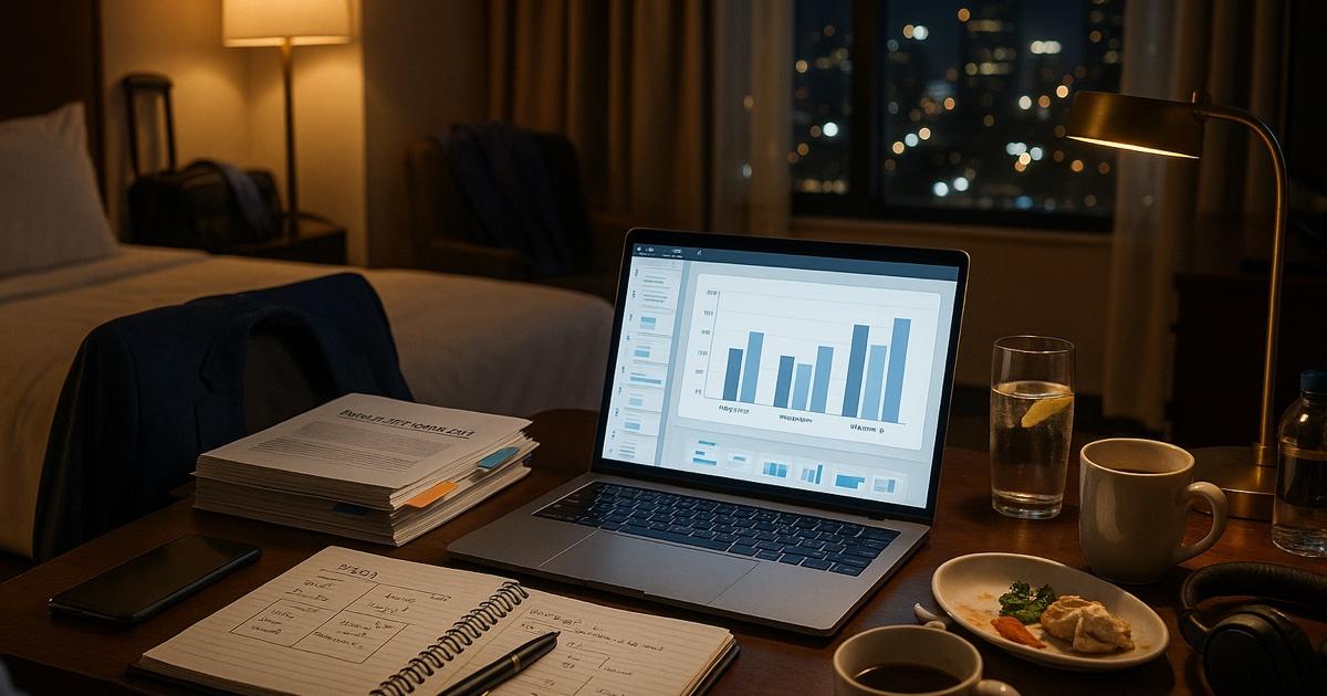 A management consultant's hotel room desk at night — laptop open to a draft slide deck with charts and bullet points, four printed industry and market research reports stacked beside it with color-tabbed sticky notes, a half-eaten room service meal pushed to the side, a coffee mug, a notebook with handwritten frameworks, and a city skyline visible through the window