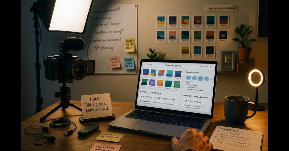 A content creator's filming desk between takes — a mirrorless camera on a tripod with a softbox light, a laptop showing a content-archive dashboard with video thumbnails in a grid and a 'covered vs. not covered' topic map, a whiteboard with scribbled video ideas and arrows, a ring light edge, a lavalier mic on the desk, a notebook with a bulleted shot list, a coffee mug, a small mirrorless-camera remote, warm editorial lighting