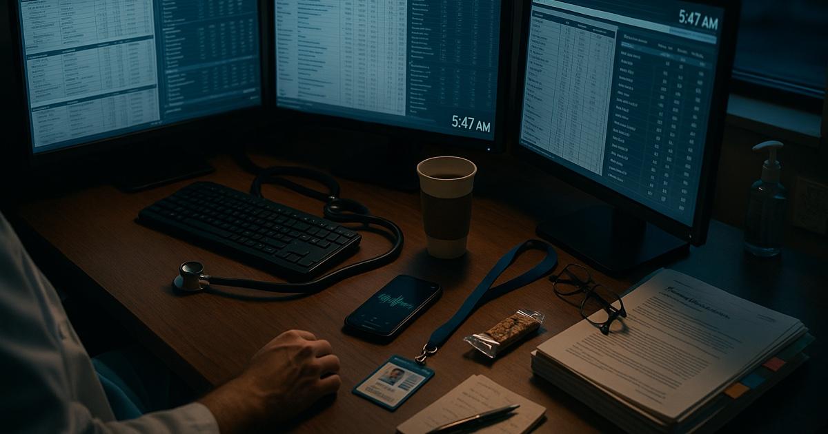 Doctor in scrubs sitting at a dim hospital workstation before dawn with three monitors of EHR charts glowing, a cold coffee, and a phone showing a live transcription waveform