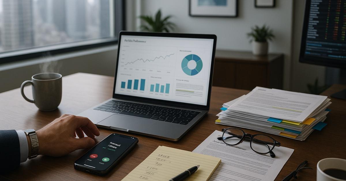 Financial advisor's desk with a lit phone showing an incoming call, a laptop displaying market charts and fund data, a stack of printed prospectuses and research reports with color-tabbed sticky notes, a ceramic coffee mug with steam, a Bloomberg-style terminal screen in the background, and a pen mid-note on a legal pad