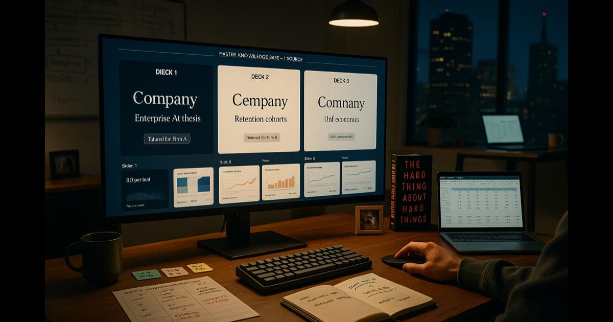 A startup founder's desk late in the evening — a laptop showing three investor-tailored pitch decks side by side with different cover slides and accent colors, a whiteboard behind with the business model and metrics scribbled, a printed one-page investor thesis summary, sticky notes listing the three investors and their focus areas, a coffee mug, a notebook open to financial projections, soft warm lamp light, a cityscape window in the background
