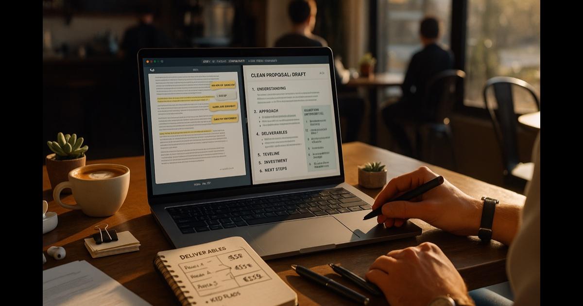 A freelancer's workspace in a sunlit cafe — a laptop showing a clean proposal draft alongside a PDF brief with highlighted sections and margin questions, a small notebook with scope and pricing jotted down, a cold coffee cup, AirPods on the desk, a printed one-page SOW template, afternoon light through a window