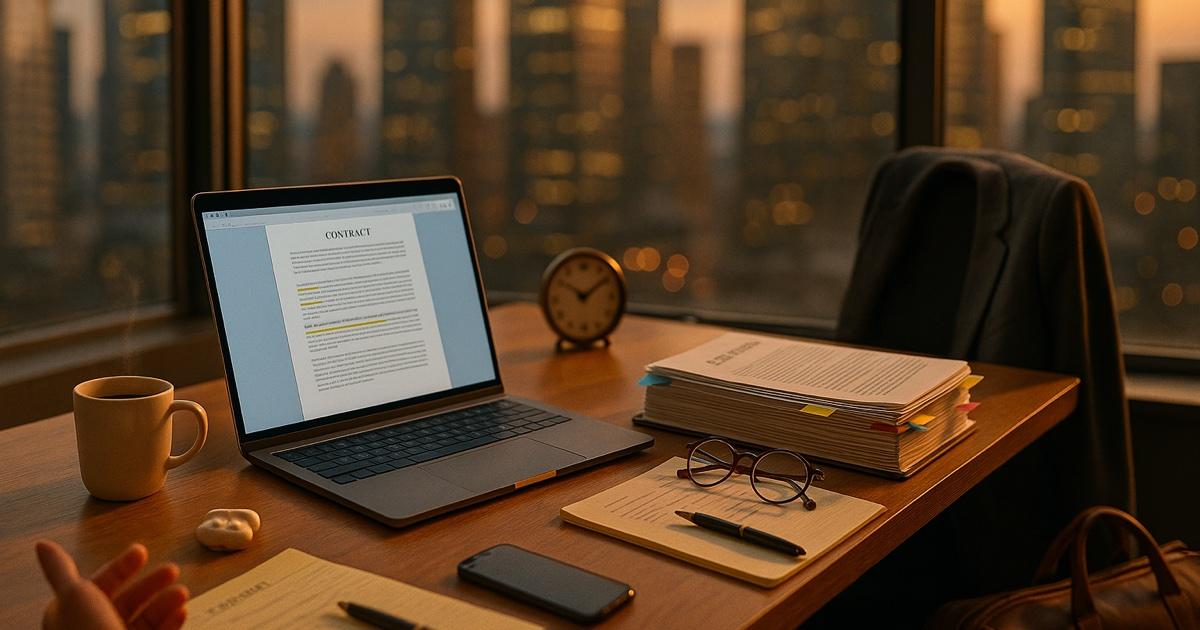 Downtown lawyer's desk at 4:45 PM on a Friday — tailored blazer on the chair, weekend bag by the door, city lights glowing outside the window, laptop open to a 200-page MSA with highlighted clauses and color-tabbed sticky notes