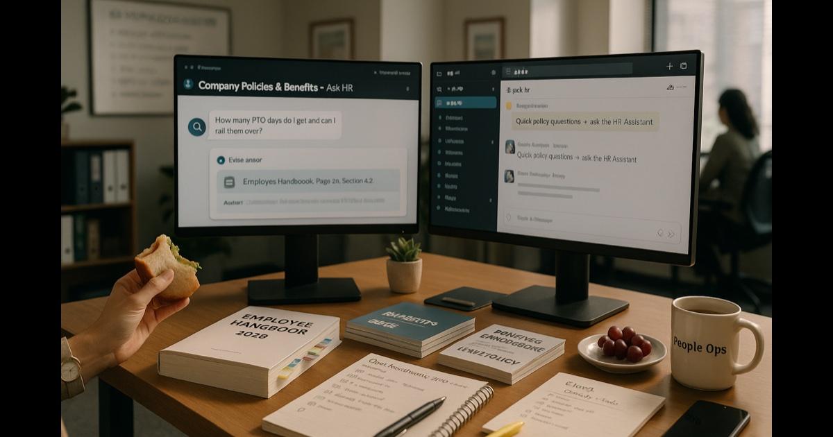 An HR manager's workstation — laptop showing a policy chat interface with a cited PTO answer pulled from the employee handbook, a Slack sidebar with muted 'quick question' pings, a printed employee handbook with color-tabbed sticky notes, benefits enrollment binder, a coffee mug, and a half-eaten sandwich on a plate