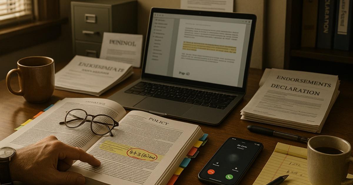 Insurance agent's desk with a thick 80-page printed policy document open to a highlighted exclusion clause, color-tabbed sticky notes poking out, a laptop showing a clause lookup with page citation, a phone with a client call on speaker, a coffee mug, and a legal pad with handwritten notes