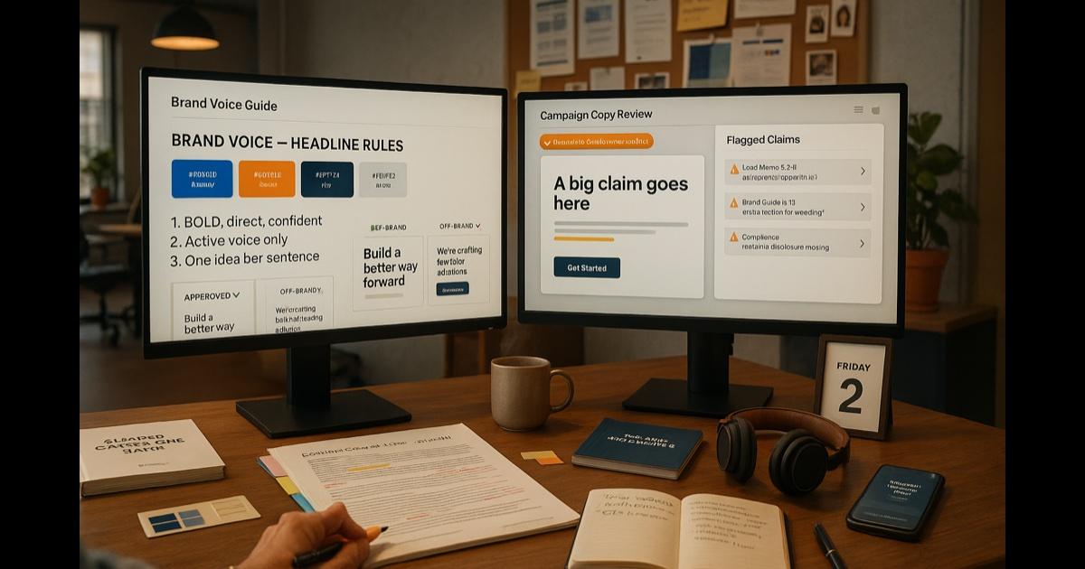 A marketing manager's dual-monitor workspace — left monitor showing a brand-voice guide with color palette and headline rules, right monitor showing a compliance copy review with flagged claims and cited guideline references, a printed campaign brief with sticky notes, a notebook, a coffee mug, and a calendar showing the campaign launches Friday