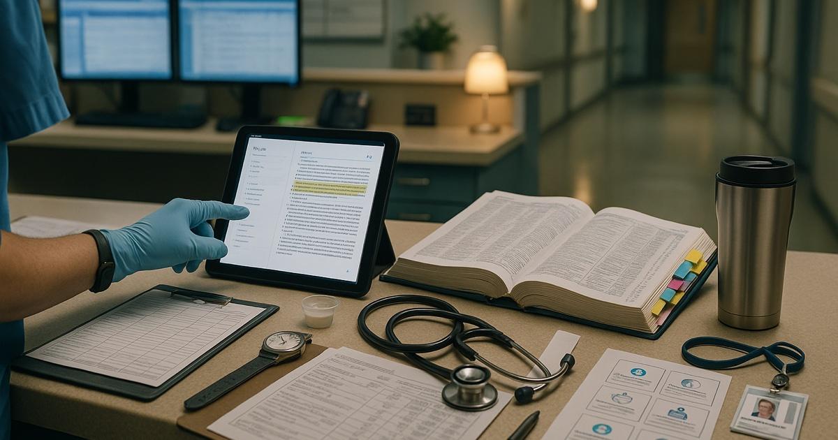 A nurse's workstation on a hospital floor mid-shift — a tablet open to a medication lookup with cited page references, a printed drug formulary with color-tabbed sticky notes, a stethoscope, a coffee cup, patient room charts on a clipboard, and soft fluorescent hospital lighting
