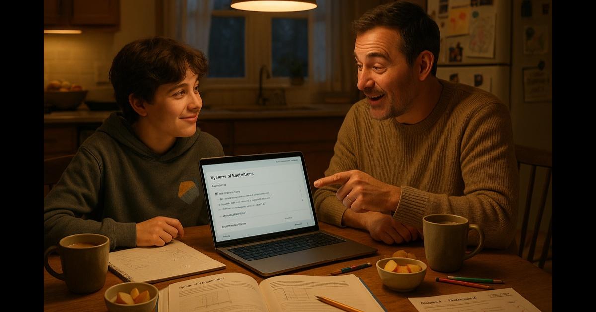 A parent and child side by side at a warm kitchen table doing homework together — an open math textbook, a spiral notebook with worked problems in pencil, a laptop showing a step-by-step explanation with the child's name and chapter reference, two mugs (one coffee, one hot chocolate), a dog asleep on the floor, a kitchen window with late-afternoon light, a fridge with crayon drawings