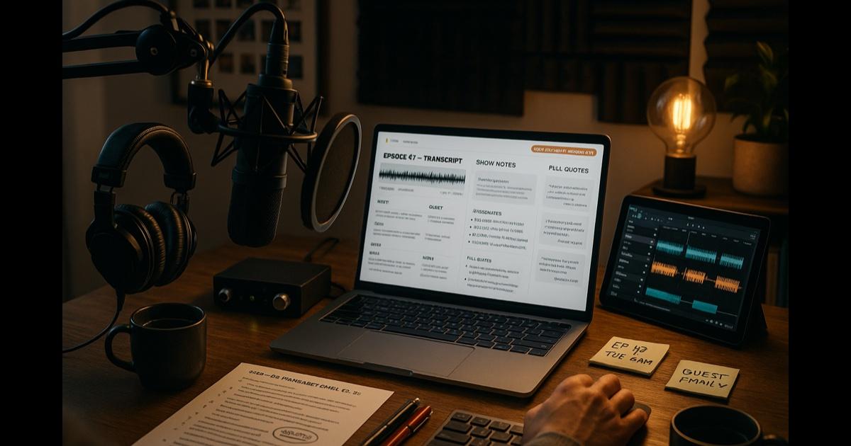 An indie podcaster's home studio after recording — a large studio condenser microphone on a boom arm in the foreground, an audio interface with glowing meters, a laptop showing a clean podcast show-notes editor with a 90-minute waveform, transcript paragraphs, pull-quote cards, and chapter markers at timestamps, a printed interview prep sheet with handwritten notes, headphones around the mic stand, a coffee mug, soft warm lighting from a ring light, acoustic foam panels visible behind the desk