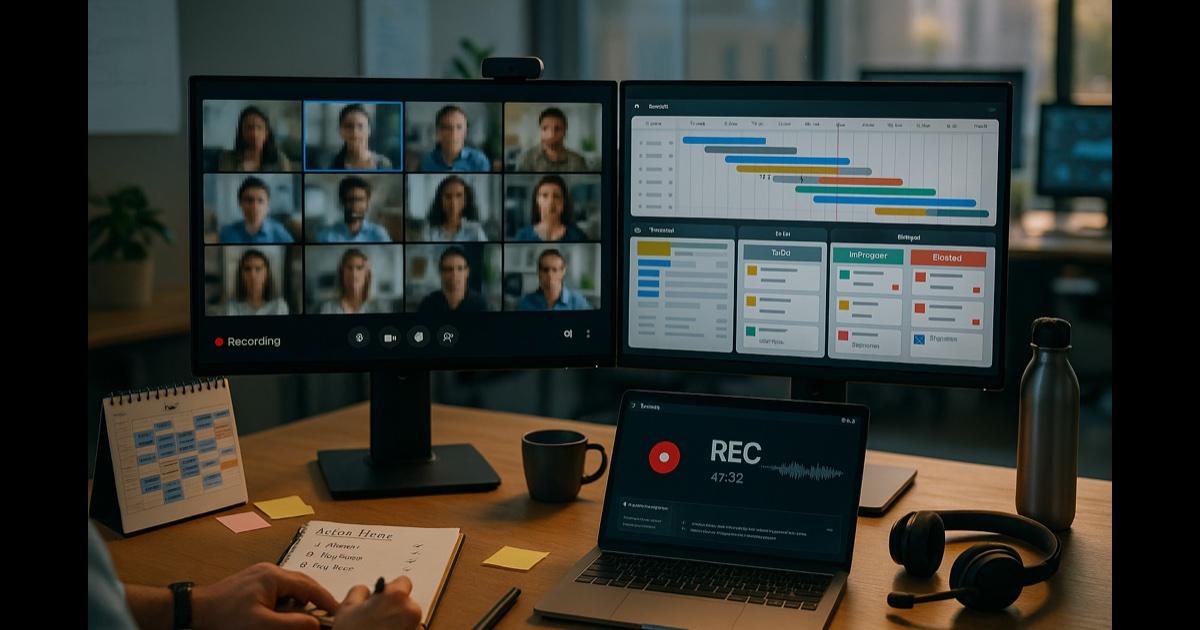 A project manager's dual-monitor desk during a live meeting — left monitor shows a Zoom/Teams call grid with active speakers, right monitor shows a Gantt timeline and a sticky-note kanban with red 'blocked' tags, a third laptop running an active recording with audio waveform and a red REC indicator, a calendar showing back-to-back meetings, a coffee mug, and a notebook with handwritten action items