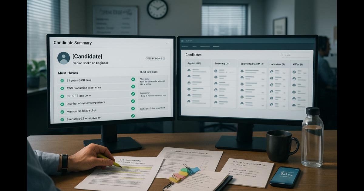 A recruiter's desk before a hiring manager intake call — laptop showing a candidate summary card with cited resume excerpts mapped to JD must-haves, an ATS pipeline open in a second tab, a stack of printed resumes with sticky notes, a printed job description with highlighted requirements, a notebook with intake questions, a coffee mug, and a wall clock showing the call is in 50 minutes