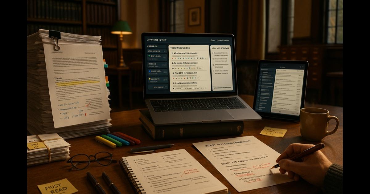 A graduate researcher's desk at a university library — a tall stack of printed academic papers with highlighted passages and colored tabs, a laptop showing a synthesis view with theme clusters and citation links, a spiral-bound notebook with handwritten annotations and arrows between ideas, Zotero/reference-manager-style library in the corner of the screen, a coffee mug, a highlighter set, glasses, warm library reading-light, tall bookshelves of bound journals in the background