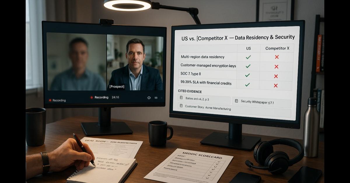 A B2B sales rep's home office desk during a live demo call — laptop showing a Zoom call with a prospect on screen, second monitor showing a competitor battlecard with three differentiators highlighted and cited evidence quotes from product sheets, a CRM opportunity record open in a browser tab, a printed deal-room one-pager with sticky notes, headphones with boom mic, a coffee mug, and a notebook with handwritten objection notes