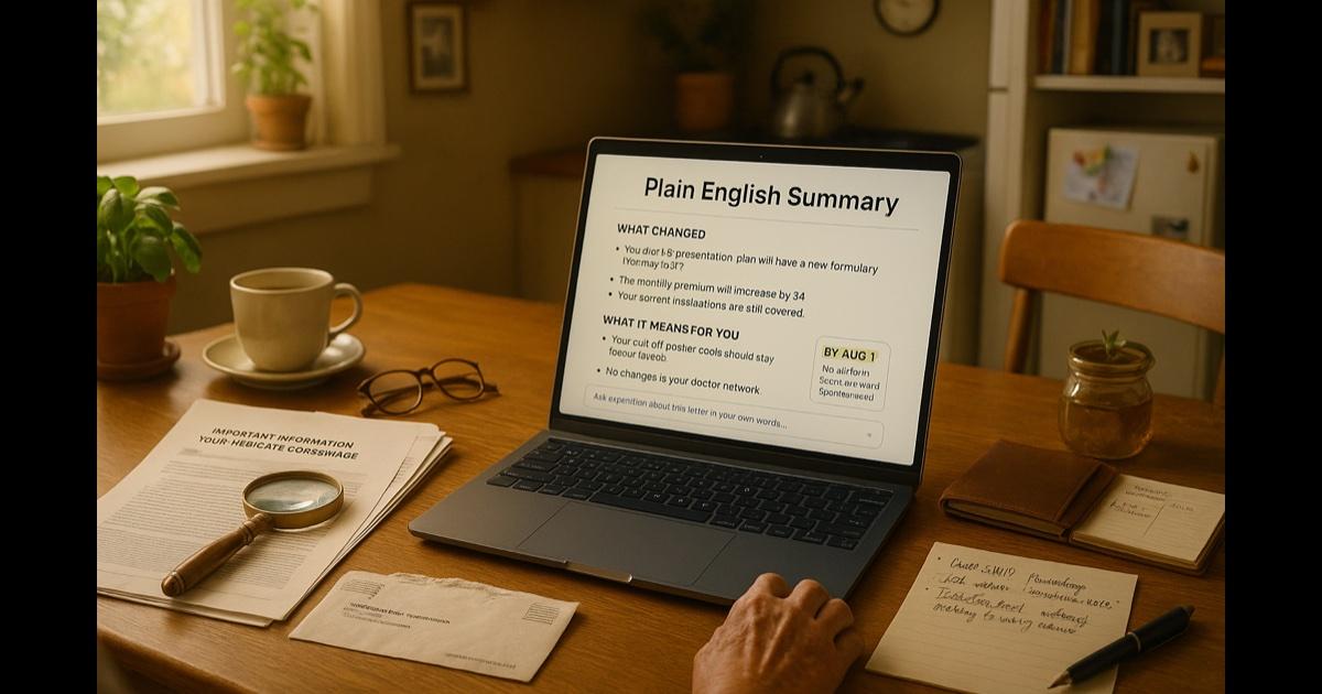 A kitchen table in soft late-morning light — an opened official-looking envelope with a multi-page letter in small print, a magnifying glass, a clean laptop open to a plain-English summary with a large readable font showing 'What changed', 'What it means for you', and 'What to do next' sections, reading glasses folded on top, a cup of tea, a houseplant in the background, a calendar on the wall, unhurried and dignified atmosphere