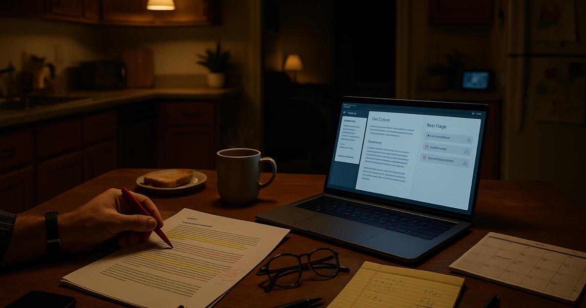 A small business owner's kitchen table at 9 PM — a printed 20-page vendor contract with highlighted clauses, a laptop open to a plain-English contract summary with red flag warnings, a coffee mug, reading glasses, a baby monitor on the counter, and soft warm lamp light