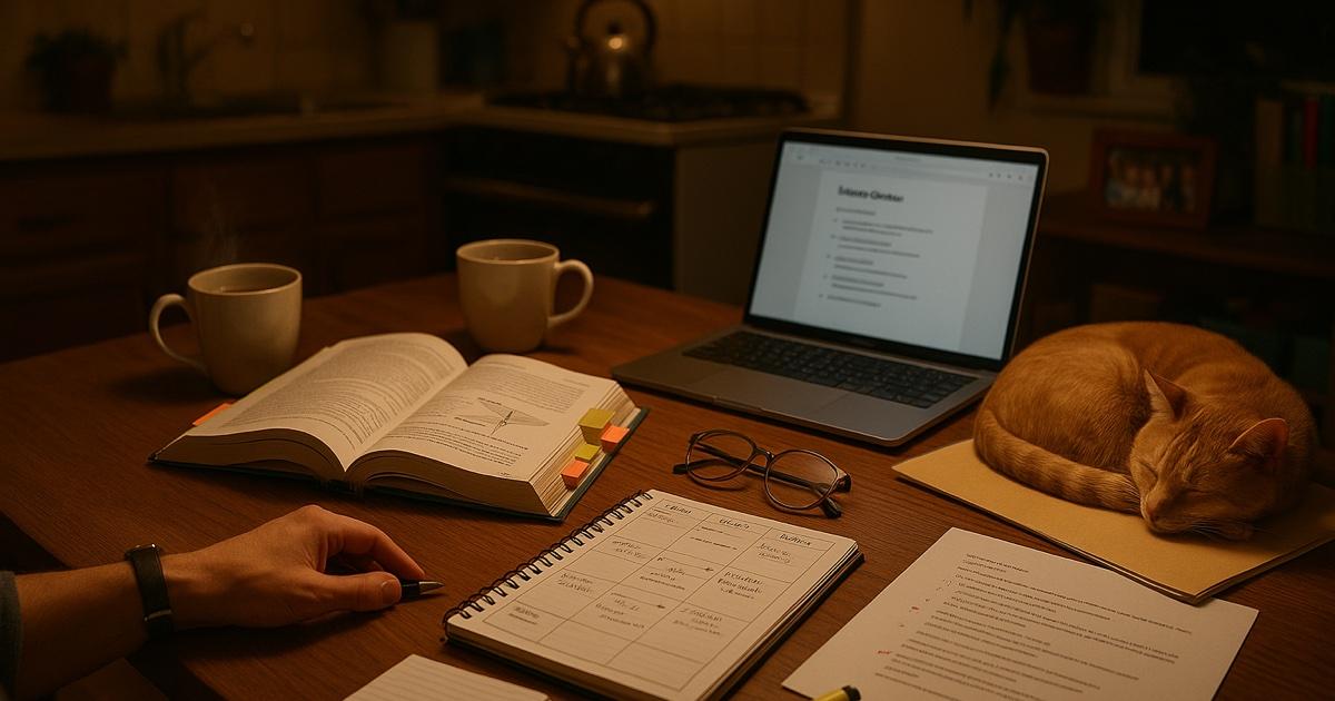 A teacher's kitchen table on Sunday evening — an open textbook with color-tabbed sticky notes, a weekly planner showing Mon-Fri lesson blocks, a laptop open to a study guide, index cards, a warm mug of tea, and a sleeping cat on a folder