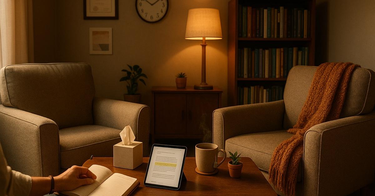A therapist's warm, softly-lit private practice office between sessions — two armchairs with a tissue box, a bookshelf of clinical manuals (CBT, DBT, trauma therapy), a small side table with a tablet open to a clinical reference, a warm cup of herbal tea, a journal and pen, and a muted wall clock showing ten minutes to the hour