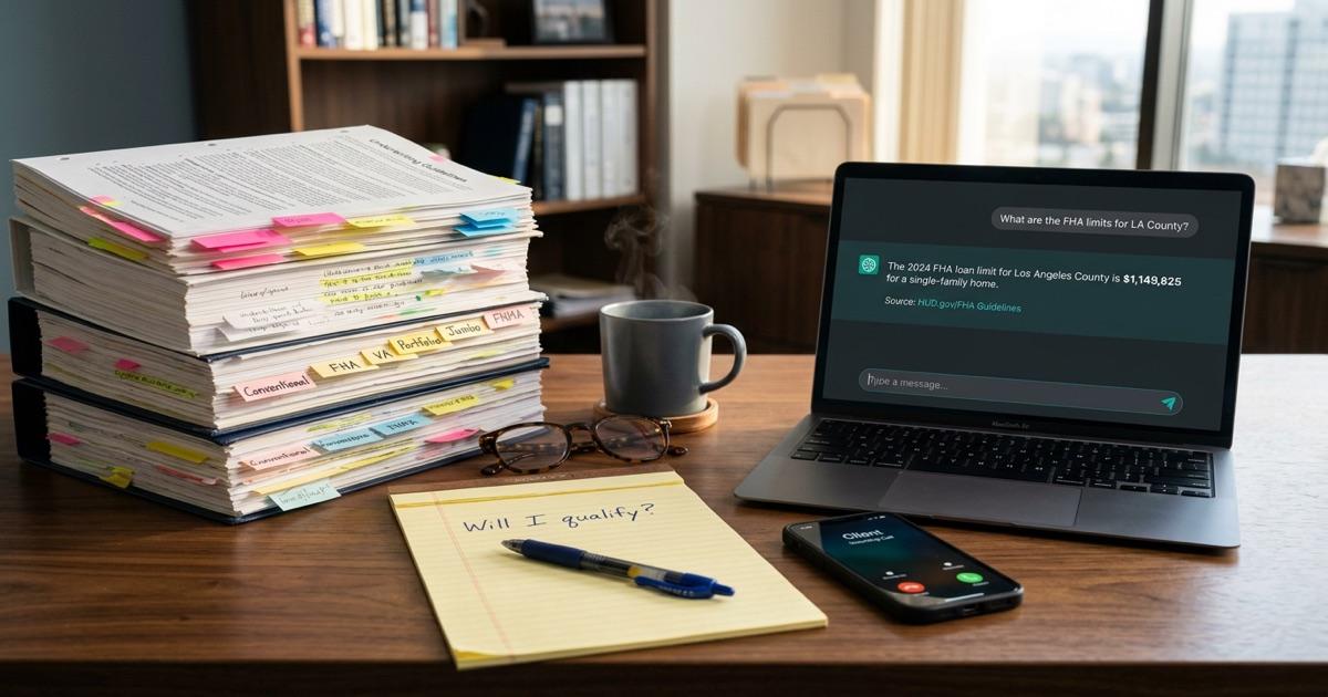Mortgage broker's desk with a tall stack of color-tabbed underwriting guidelines on the left, a yellow legal pad with 'Will I qualify?' handwritten across it, a phone showing an incoming call, and a laptop on the right displaying a clean chat interface answering an FHA loan question with a source citation