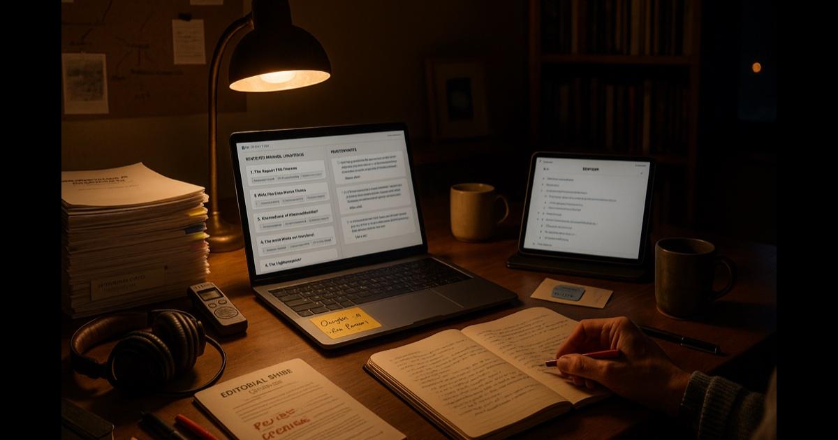 A working writer's desk at night — a laptop open to a transcript-to-outline workspace with theme cards and pulled quotes on the left and a manuscript draft on the right, a stack of printed interview transcripts with color-coded tabs and margin notes, a reporter's notebook open to shorthand notes, a coffee-ringed mug, a pair of headphones, a red pen, and a sticky note reading 'Chapter 4 — due Friday'