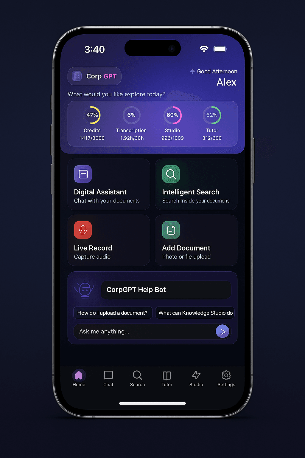 CorpGPT mobile app — email your documents and talk to them in minutes